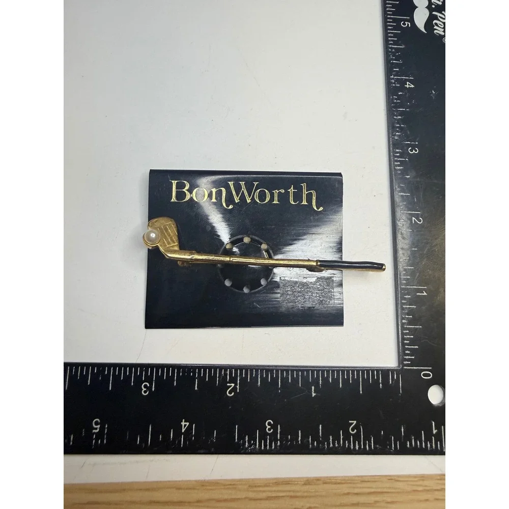 BonWorth Golf Club Brooch Gold Tone Black Enamel Faux Pearl Pin 0111930201